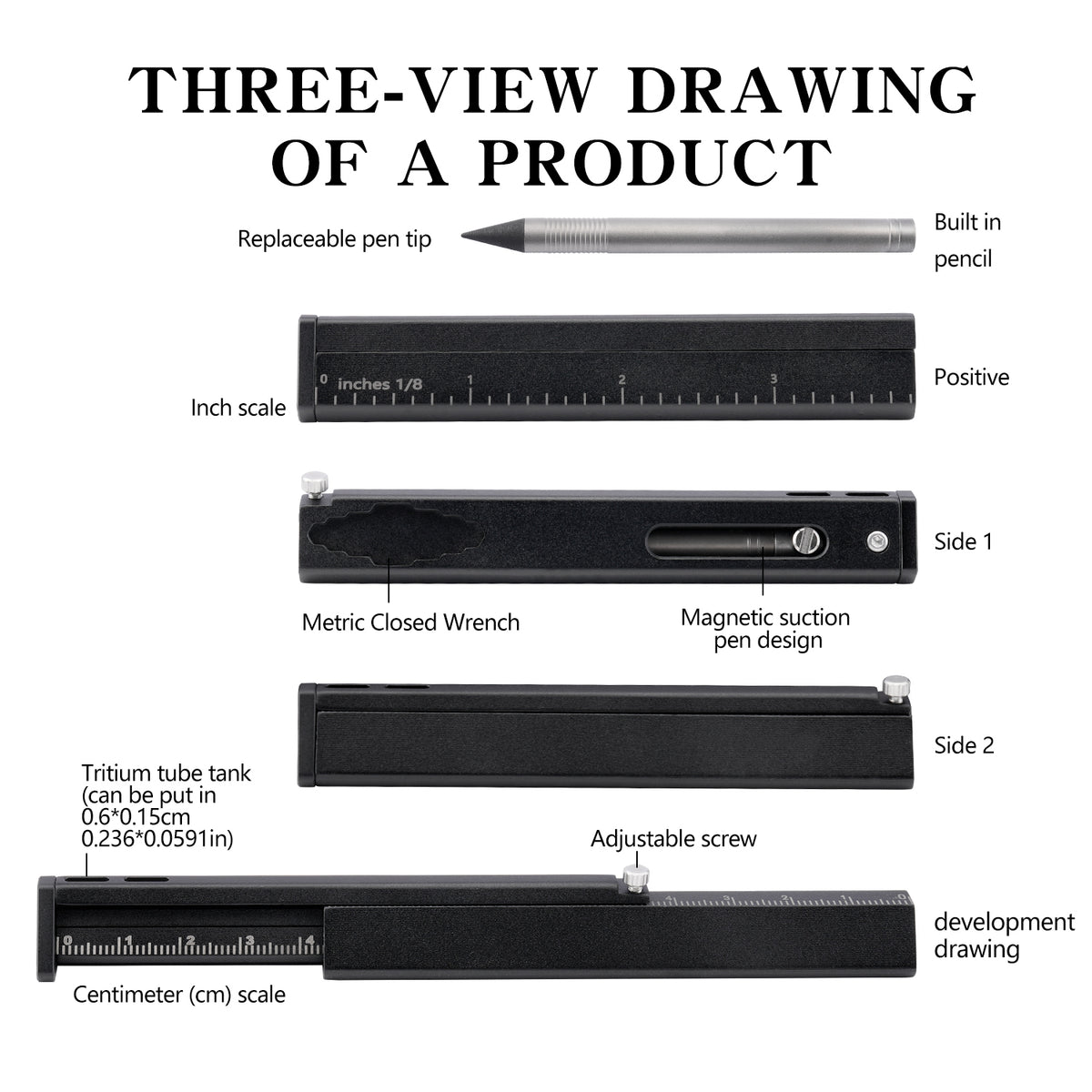 TGFL07 Black Titanium Alloy Multi‑Function Sliding Marking Ruler EDC Tool